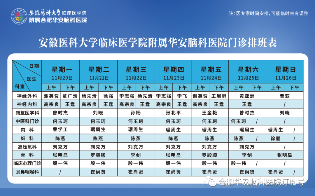 【专家门诊】华安脑科医院2023年11月20日—11月26日门诊排班表