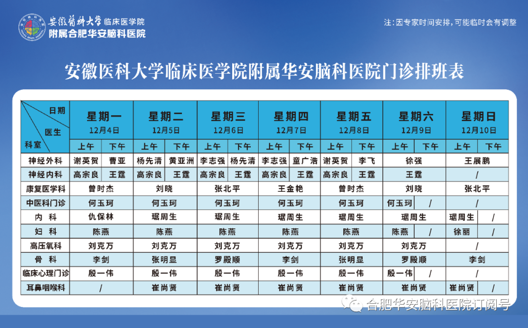 【专家门诊】华安脑科医院2023年12月4日—12月10日门诊排班表