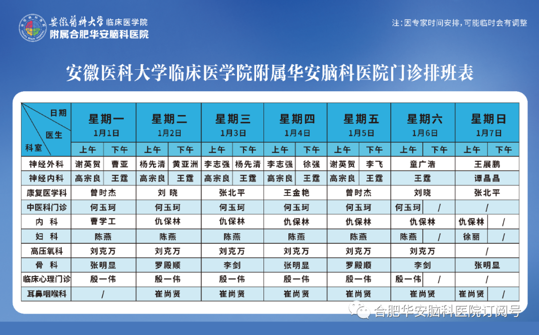 【专家门诊】华安脑科医院2023年1月1日—1月7日门诊排班表